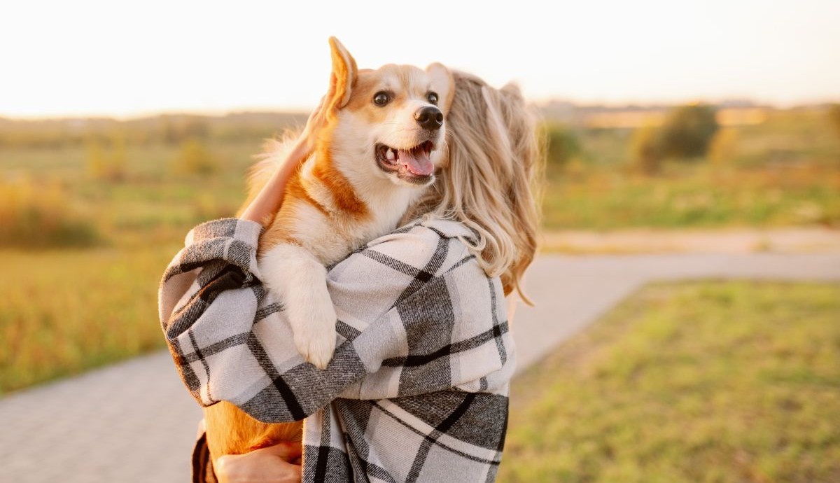 A woman is hugging a tan and white dog